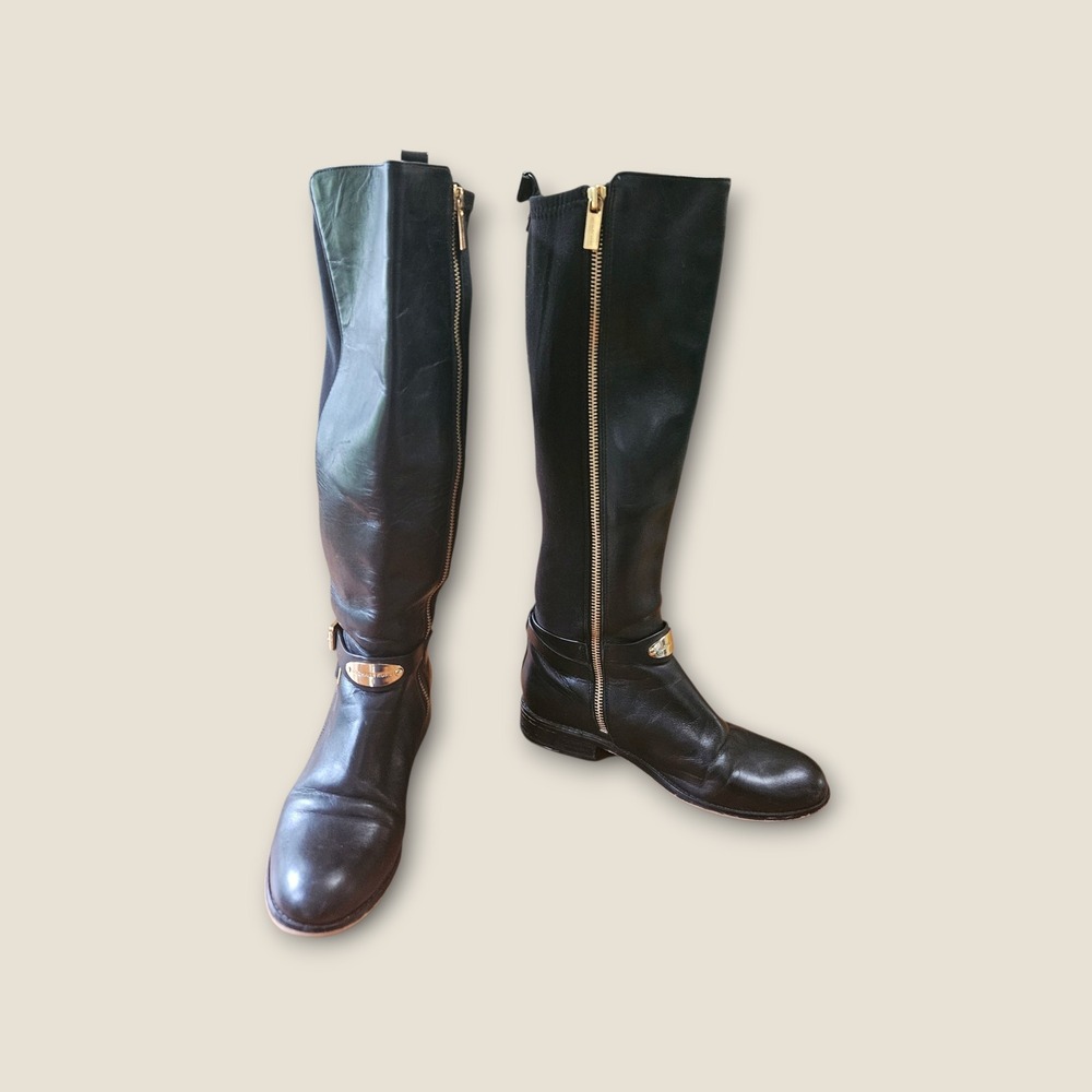 Michael Kors Black Leather/Fabric Knee High Riding Boots Womens Size 6M Gold Zip